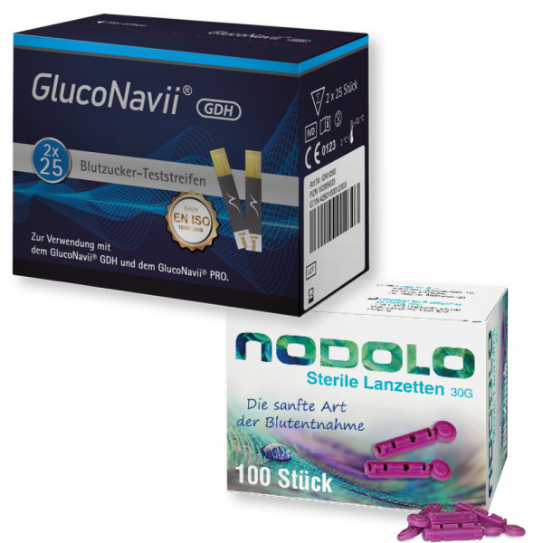 GlucoNavii Blutzucker Teststreifen 50 Stück inkl. 100 Nodolo Lanzetten im Bundle