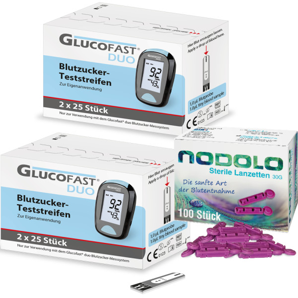 Glucofast Duo Blutzucker-Teststreifen - 4 x 25 Stück + 100 Nodolo Lanzetten