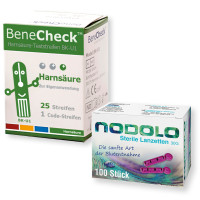 BeneCheck Harnsäure Teststreifen 25 Stück und 100 Nodolo Lanzetten im Bundle
