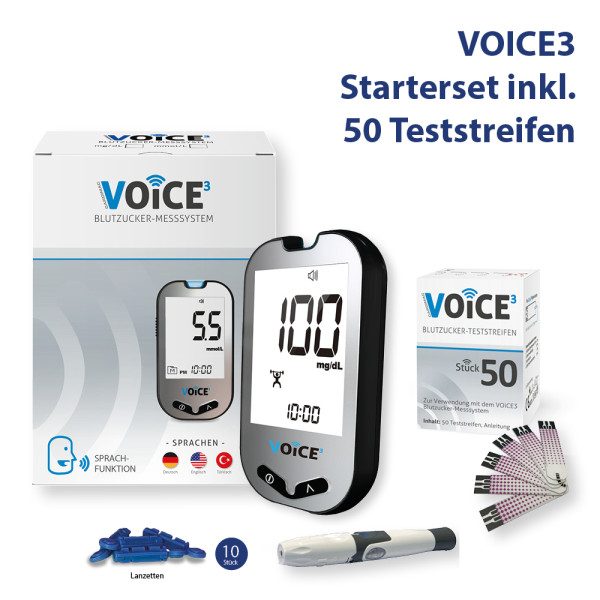 VOiCE3 Komplett-Set: Blutzucker-Messsystem + 50 Blutzucker-Teststreifen