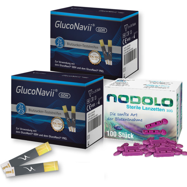 GlucoNavii Blutzucker Teststreifen 100 Stück inkl. Nodolo Lanzetten 100 St im Bundle
