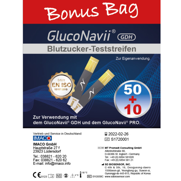 GlucoNavii 60 Stück Bonus Bag Blutzucker-Teststreifen