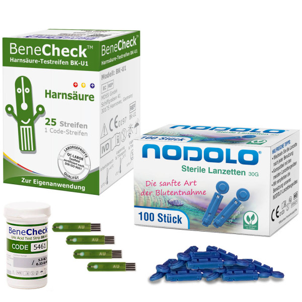 BeneCheck Harnsäure Teststreifen 25 Stück und 100 Nodolo Lanzetten im Bundle