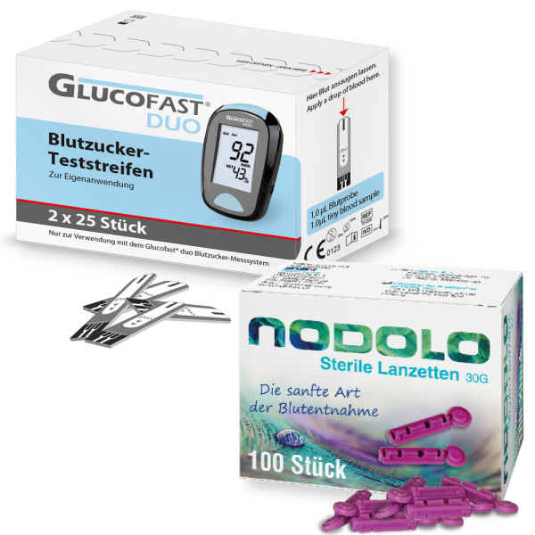 Glucofast Duo Blutzucker-Teststreifen - 2 x 25 Stück + 100 Nodolo Lanzetten