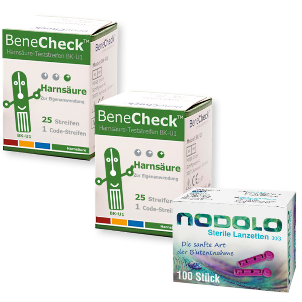 BeneCheck Harnsäure Teststreifen 50 Stück und 100 Nodolo Lanzetten im Bundle