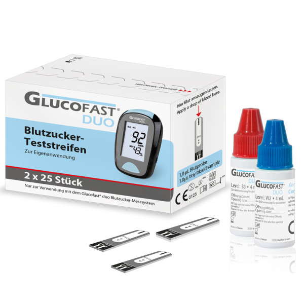 Glucofast Duo Blutzucker-Teststreifen - 2 x 25 Stück + Kontrollösung