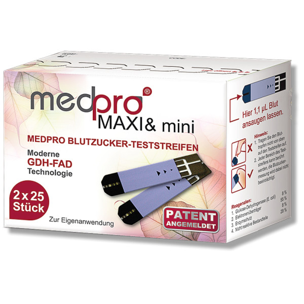 Blutzucker-Teststreifen medpro MAXI&mini GDH 2 x 25 Stück