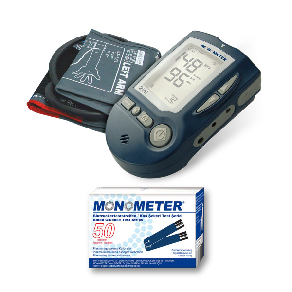 MONOMETER 2in1 Blutdruck- und Blutzucker-Messsystem + 50 Monometer Teststreifen