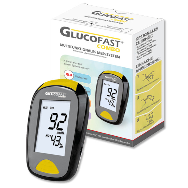 Glucofast COMBO Multiparameter-Messsystem - Blutzucker, HCT-Anzeige, ß-Keton, Gesamt-Cholesterin